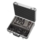 AUD professional drum microphone package dimensional diagram showing five-piece configuration and specifications