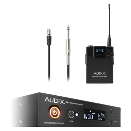 AUD R41 RX B60 bodypack wireless transmitter with guitar cable connection detail view