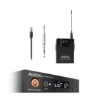 AUD R41 RX B60 bodypack wireless transmitter with guitar cable connection port side angle