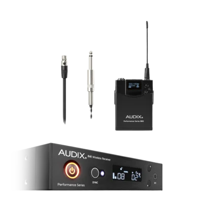 AUD R41 RX B60 bodypack wireless transmitter with guitar cable connection port side angle