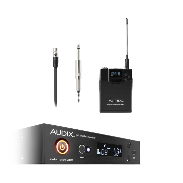 AUD R41 RX B60 bodypack wireless transmitter with guitar cable connection port side angle