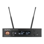 AUD R41 RX B60 bodypack wireless transmitter with guitar cable connected in live performance application