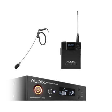 AUD R41 RX bodypack receiver with B60 belt pack and HT7 headworn microphone system