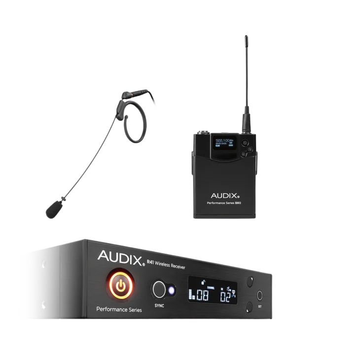 AUD R41 RX bodypack receiver with B60 belt pack and HT7 headworn microphone system