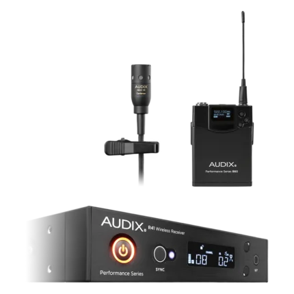 AUD R41 RX receiver with B60 bodypack transmitter and ADX10 lavalier microphone detail view