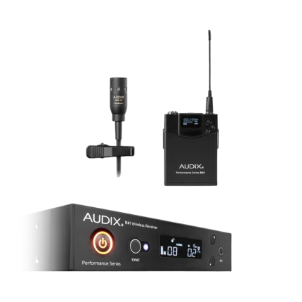 AUD R41 RX receiver with B60 bodypack transmitter and ADX10 lavalier microphone components