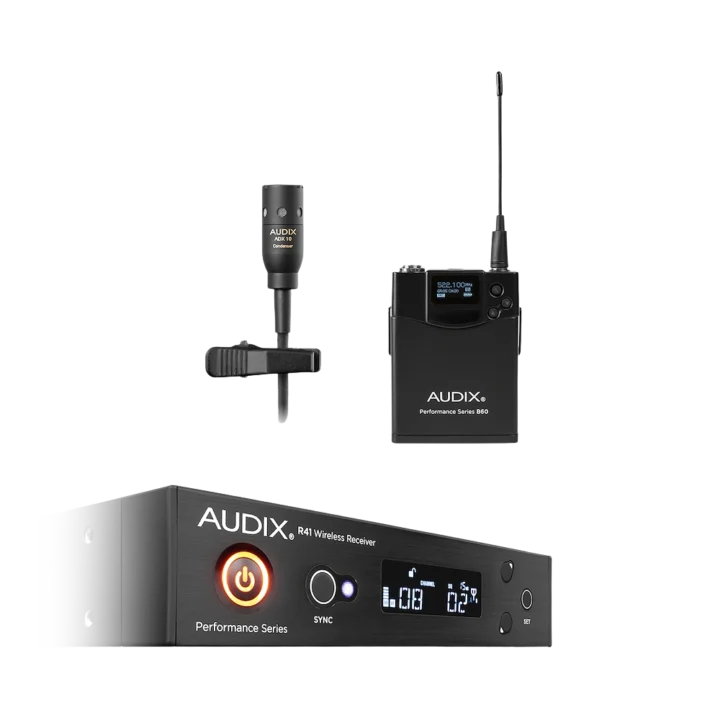 AUD R41 RX receiver with B60 bodypack transmitter and ADX10 lavalier microphone components