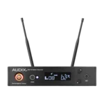 AUD R41 RX wireless receiver system with H60/OM5 handheld microphone transmitter detail view