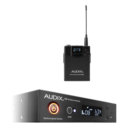AUD R41 RX wireless receiver and B60 bodypack transmitter system detail view showing connectors and controls
