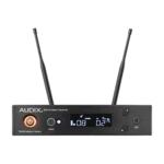 AUD R41 RX wireless receiver and H60/VX5 handheld microphone transmitter close-up detail view