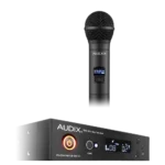 AUD R41 RX wireless receiver unit paired with H60 OM5 handheld microphone transmitter side view