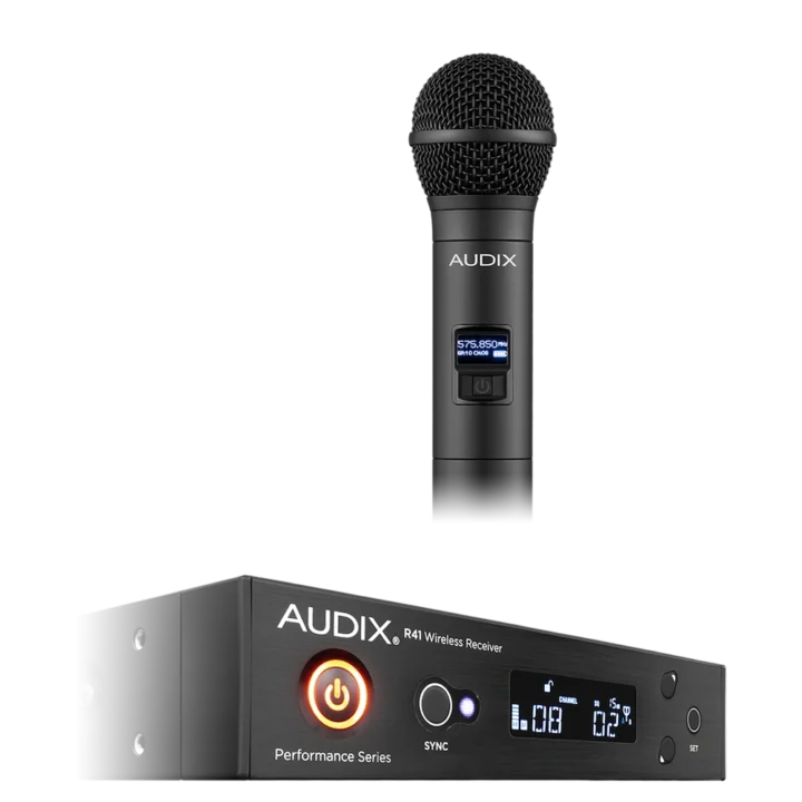 AUD R41 RX wireless receiver unit paired with H60 OM5 handheld microphone transmitter side view