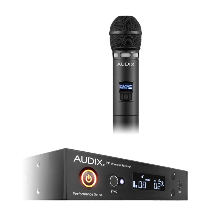 AUD R41 RX wireless receiver system with H60/VX5 handheld microphone transmitter side view