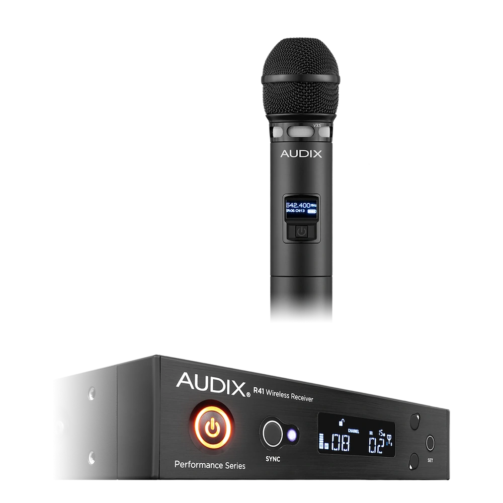 AUD R41 RX Wireless Receiver with H60/VX5 Handheld Transmitter AUD R41 RX wireless receiver system with H60/VX5 handheld microphone transmitter side view