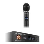 AUD R41 RX wireless receiver system with H60/VX5 handheld microphone transmitter, side angle view