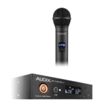 AUD R41 RX wireless receiver and H60 OM2 handheld microphone transmitter detail view showing controls