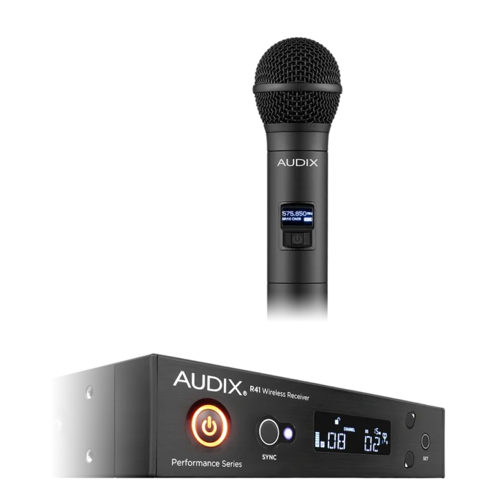 AUD R41 RX wireless receiver and H60 OM2 handheld microphone transmitter detail view showing controls