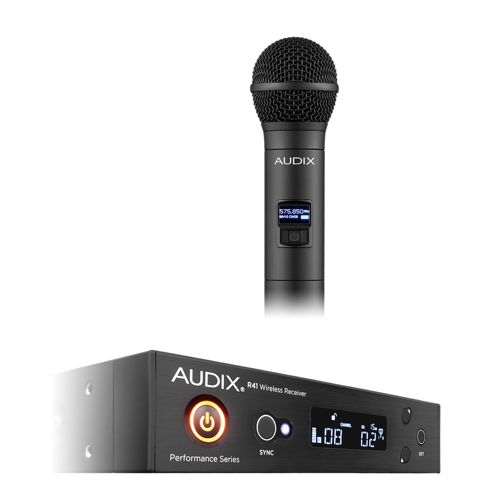AUD R41 RX Wireless Receiver with H60 OM2 Handheld Transmitter Detail AUD R41 RX wireless receiver and H60 OM2 handheld microphone transmitter detail view showing controls