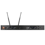 AUD R42 two channel wireless receiver with dual handheld transmitter controls and display panel detail