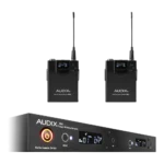 AUD R42 two channel wireless receiver with dual B60 bodypack transmitters, rear panel connections and display