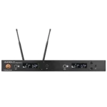 AUD R42 two channel wireless receiver with dual H60 VX5 handheld transmitters, detail view of receiver controls
