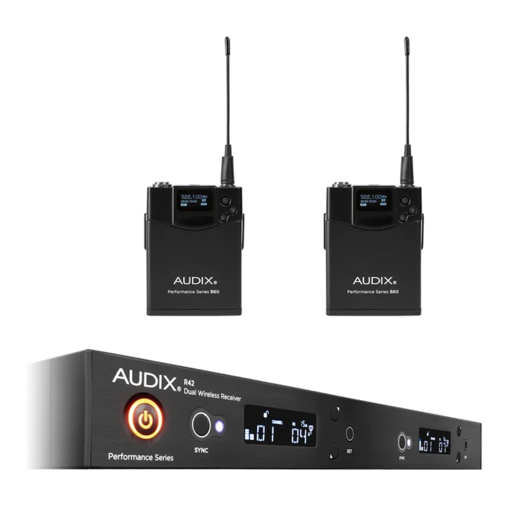 AUD R42 two channel wireless receiver with dual B60 bodypack transmitters, professional audio equipment