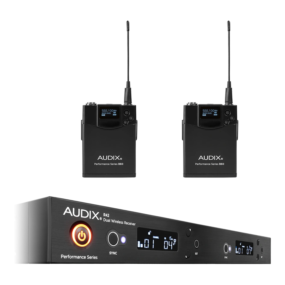 AUD R42 Two Channel Wireless Receiver System Overview AUD R42 two channel wireless receiver with dual B60 bodypack transmitters, professional audio equipment