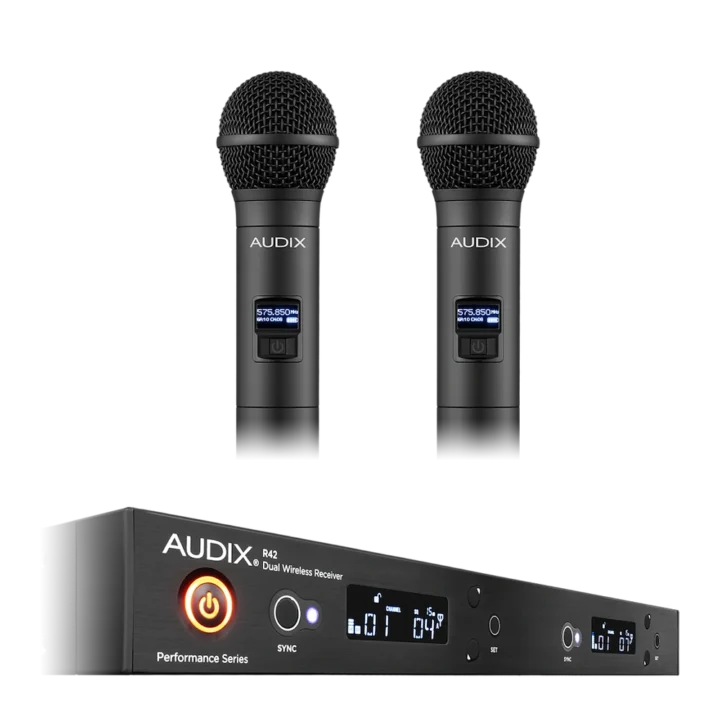 AUD R42 two channel wireless receiver with dual H60 OM2 handheld transmitters, rear panel connections