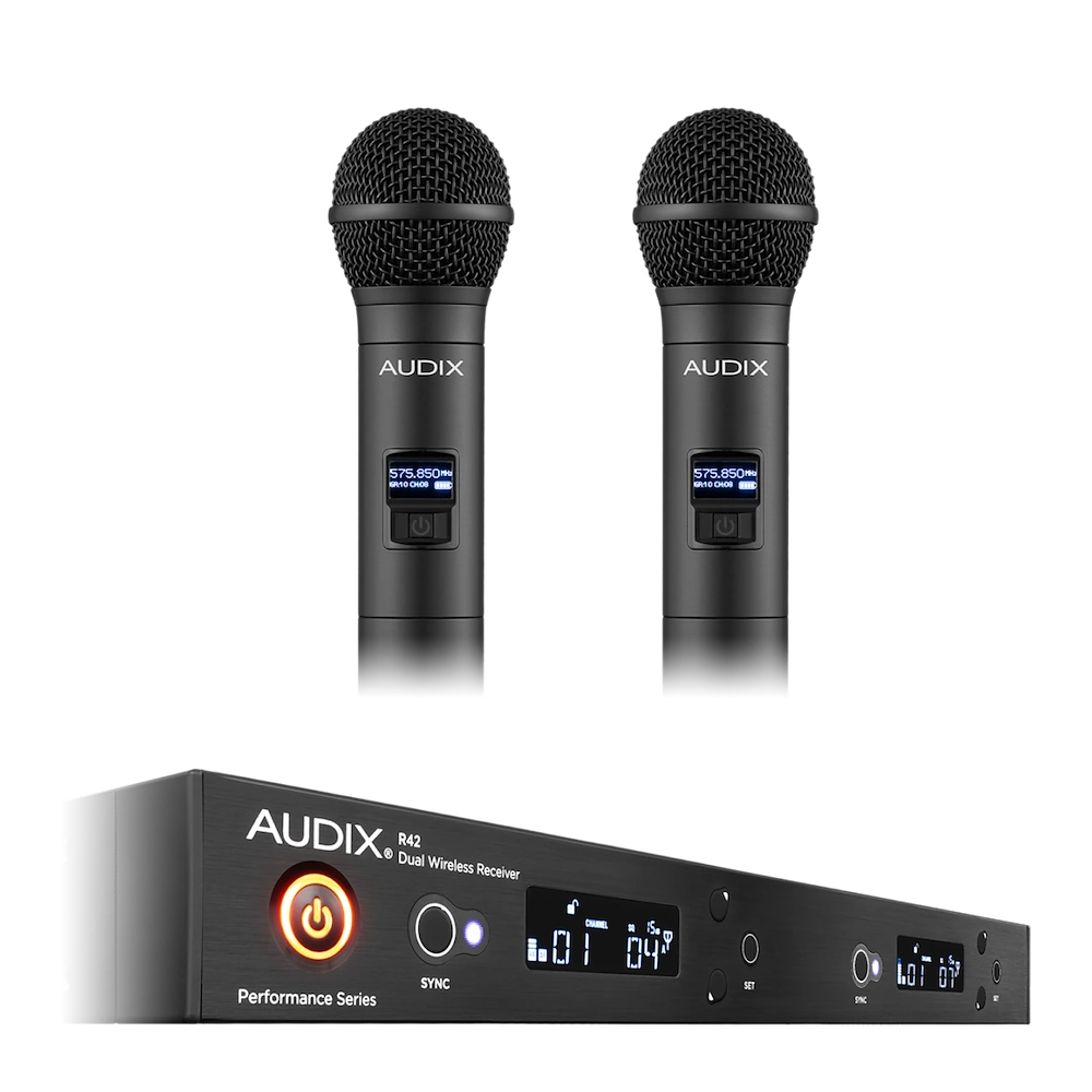 AUD R42 Two Channel Wireless Receiver System AUD R42 two channel wireless receiver with dual H60 OM2 handheld transmitters, rear panel connections