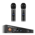 AUD R42 two channel wireless receiver with dual H60 VX5 handheld transmitters, secondary angle view