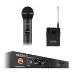 AUD R42 RX wireless receiver with H60 OM2 transmitter and B60 bodypack components displayed together