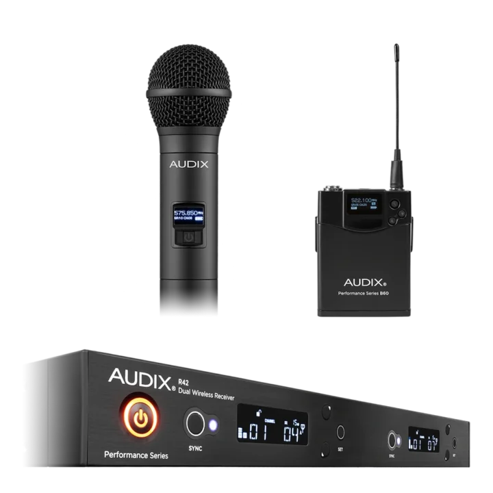 AUD R42 RX wireless receiver with H60 OM2 transmitter and B60 bodypack components displayed together