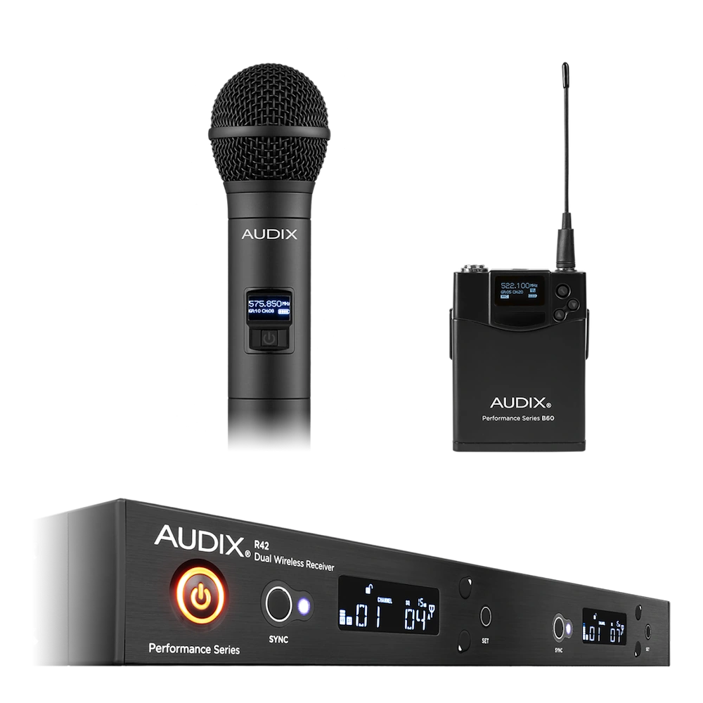 AUD R42 RX Wireless Microphone System with Bodypack AUD R42 RX wireless receiver with H60 OM2 transmitter and B60 bodypack components displayed together