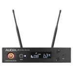 AUD R61 RX wireless receiver and H60 OM5 handheld microphone transmitter detail view showing controls and connectors