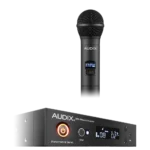 AUD R61 RX wireless receiver unit with H60 OM5 handheld microphone transmitter side view