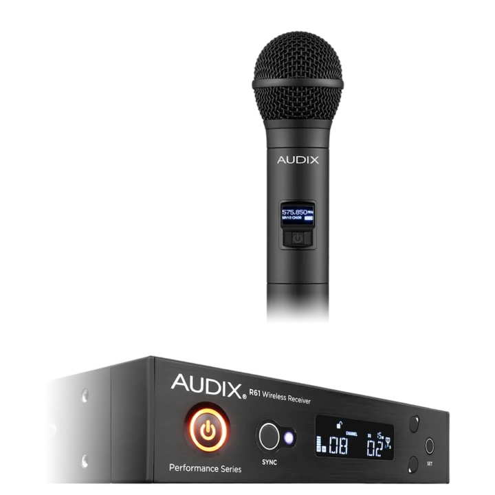 AUD R61 RX wireless receiver unit with H60 OM5 handheld microphone transmitter side view