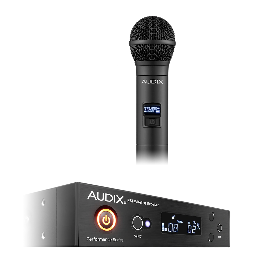AUD R61 RX Wireless Receiver with H60 OM5 Handheld Transmitter AUD R61 RX wireless receiver unit with H60 OM5 handheld microphone transmitter side view