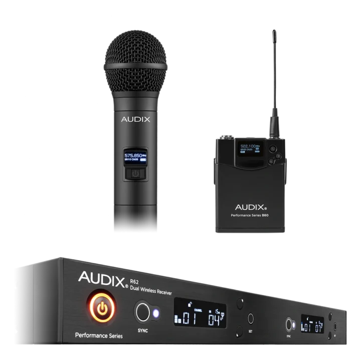 AUD R62 RX receiver with H60 OM2 transmitter and B60 bodypack wireless microphone system