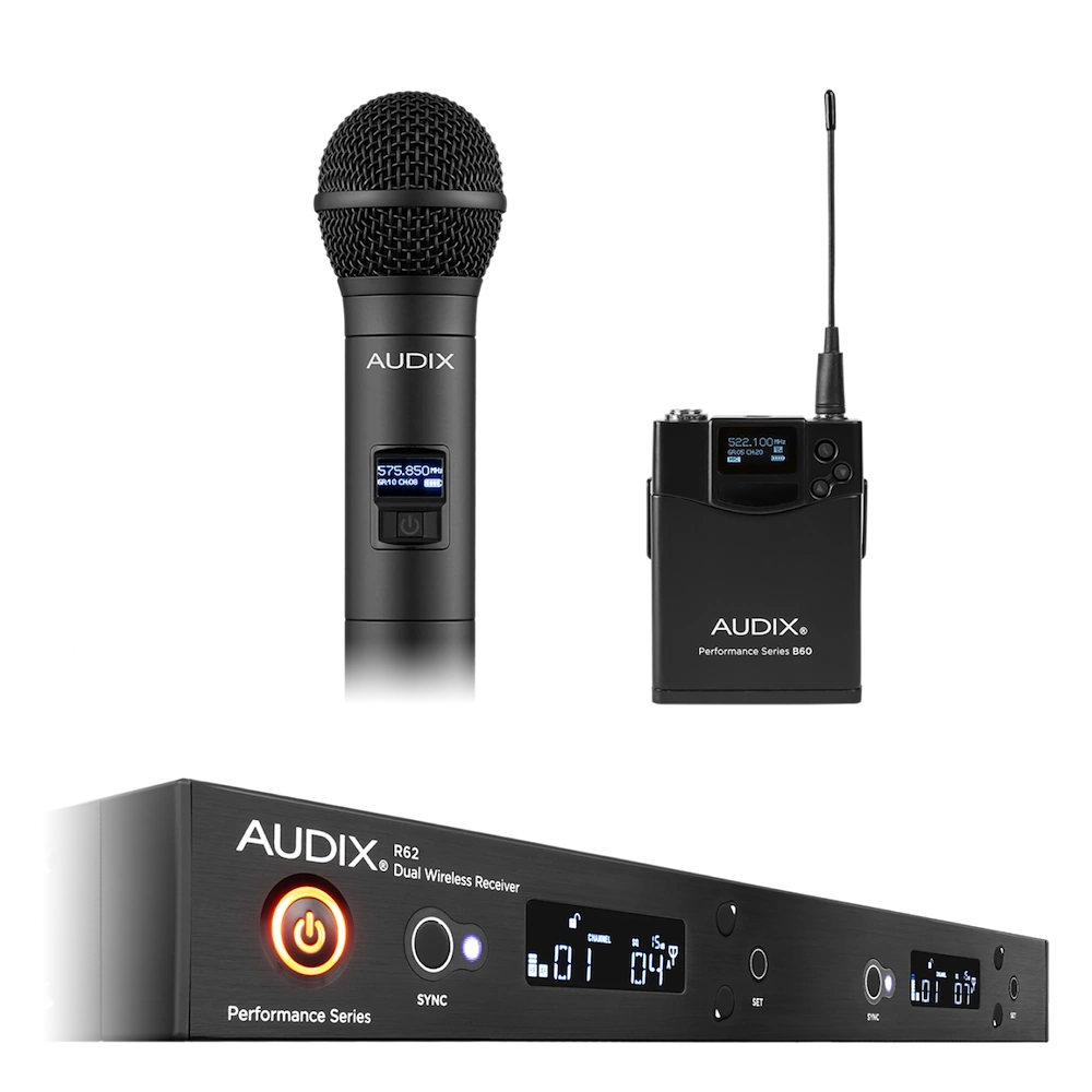 AUD R62 RX Wireless Microphone System Components AUD R62 RX receiver with H60 OM2 transmitter and B60 bodypack wireless microphone system