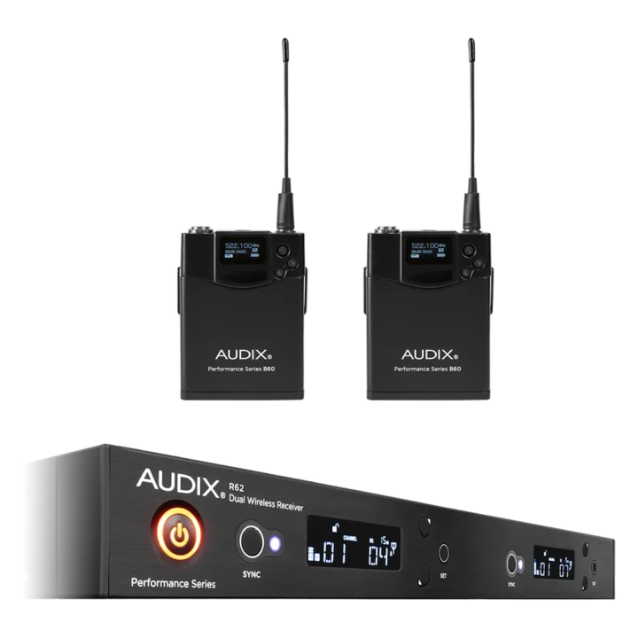 AUD R62 two channel wireless receiver with dual B60 bodypack transmitters, rear panel connections