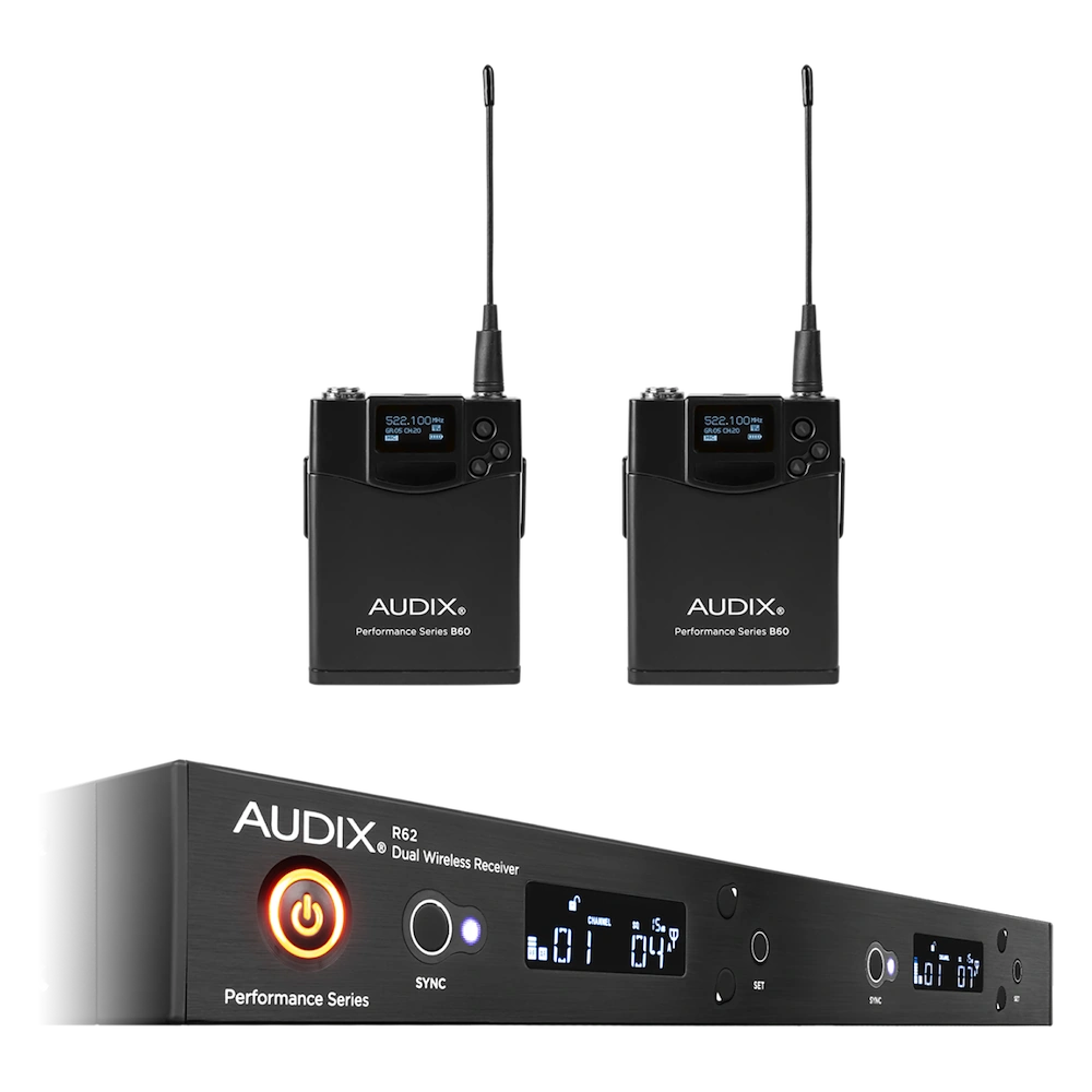 AUD R62 Two Channel Wireless Receiver System AUD R62 two channel wireless receiver with dual B60 bodypack transmitters, rear panel connections