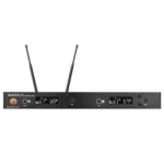 AUD R62 two channel wireless receiver with dual H60 OM2 handheld transmitters, detail view of receiver controls and display