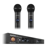 AUD R62 two channel wireless receiver with dual H60 OM2 handheld transmitters side view