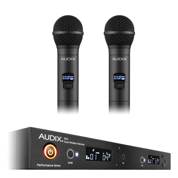 AUD R62 two channel wireless receiver with dual H60 OM2 handheld transmitters side view