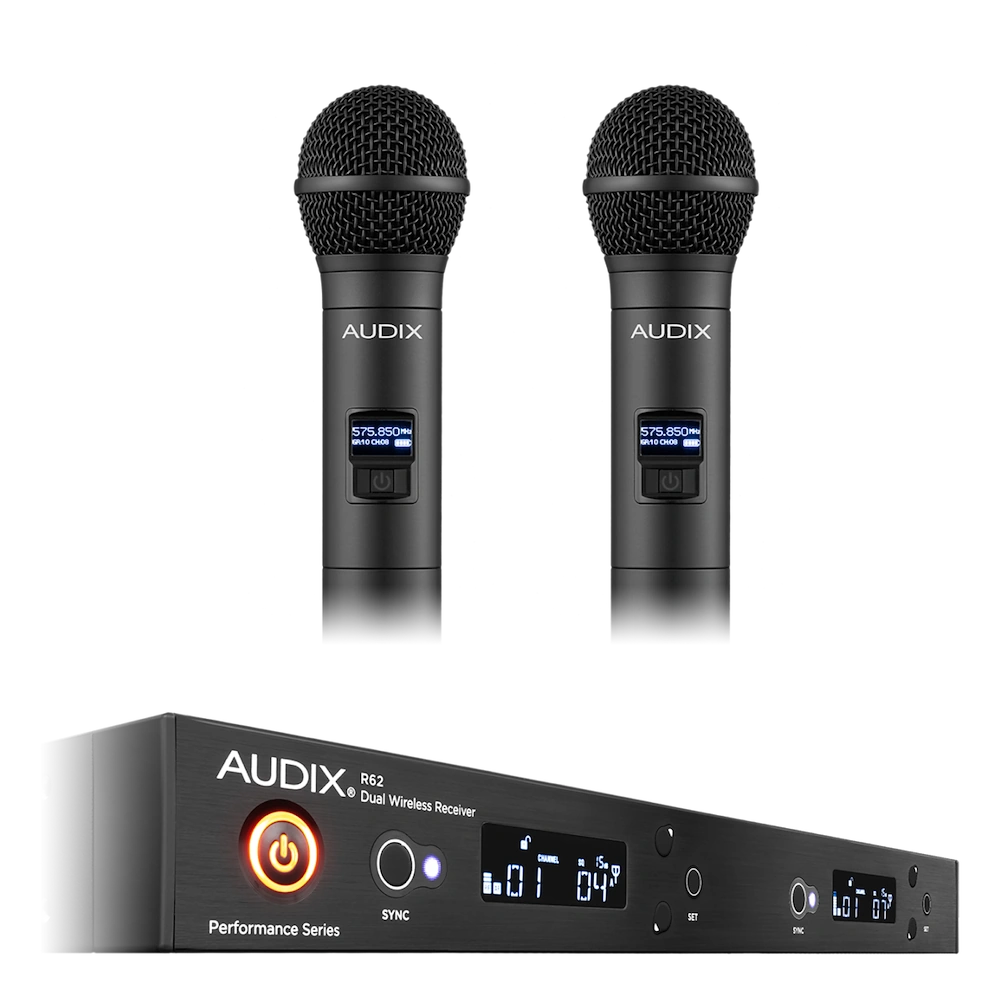 AUD R62 Two Channel Wireless Receiver System AUD R62 two channel wireless receiver with dual H60 OM2 handheld transmitters side view