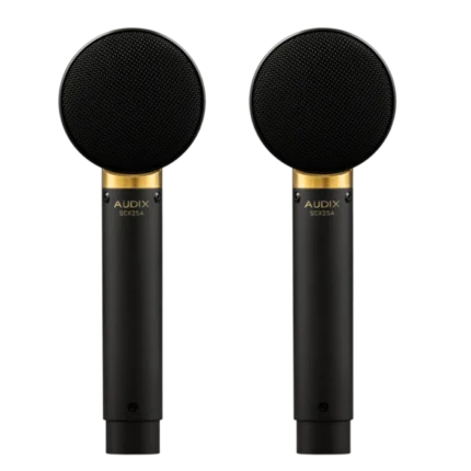 AUD SCX25A matched pair large diaphragm condenser microphones shown from side profile angle