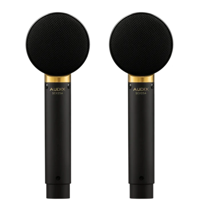 AUD SCX25A matched pair large diaphragm condenser microphones shown from side profile angle