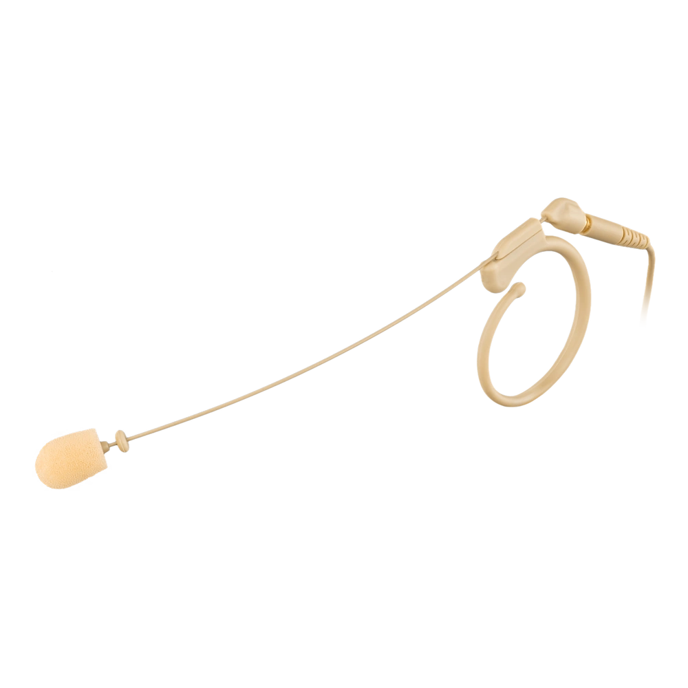 AUD Single Ear Headworn Condenser Vocal Microphone Beige Side View AUD single ear headworn condenser vocal microphone in beige with flexible boom arm and side profile view