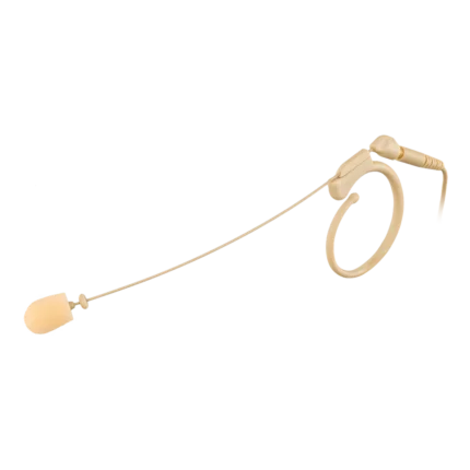 AUD single ear headworn condenser vocal microphone in beige showing side profile and boom arm positioning