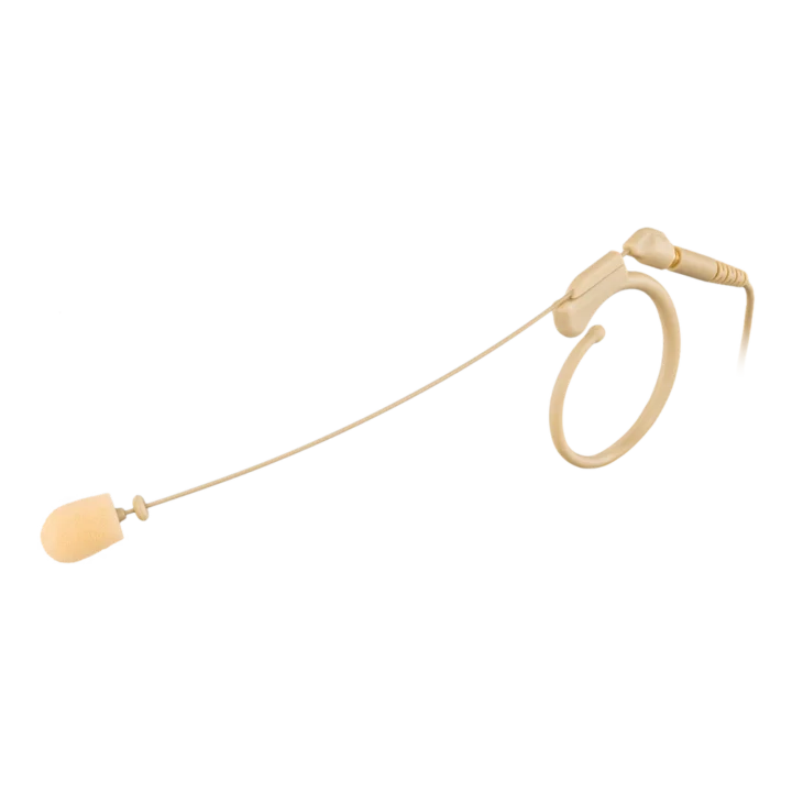 AUD single ear headworn condenser vocal microphone in beige showing side profile and boom arm positioning